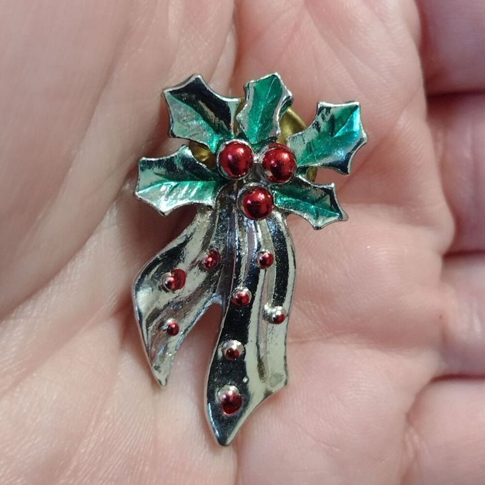 Vintage Silver Tone Bow and Holly Brooch Red Green Enamel Pin Lapel Hat Scarf